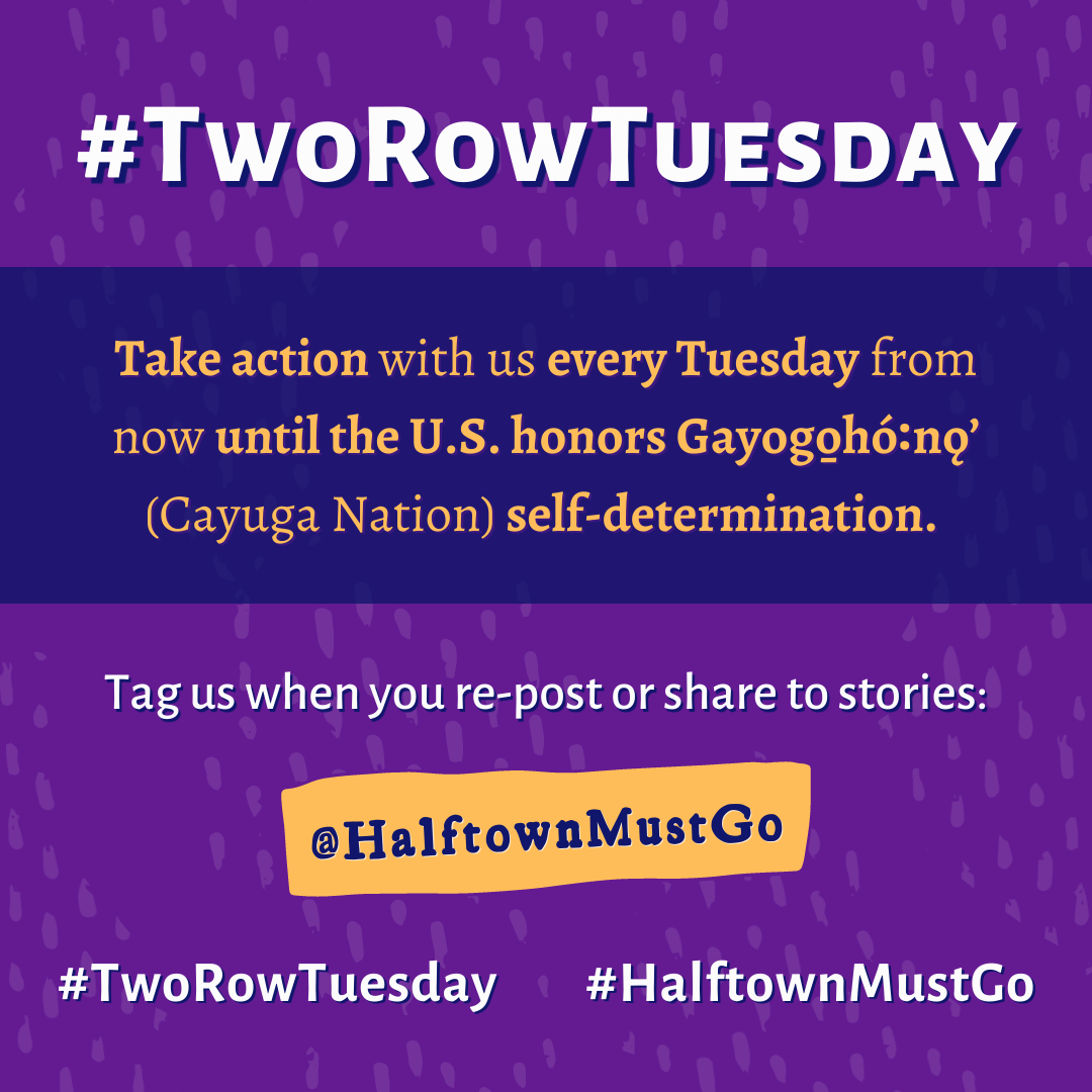 picture of a slide with white and yellow text on a purple background with a dark blue horizontal stripe.  It says hashtag-Two-Row-Tuesday: Take action with us every Tuesday from now until the U.S. honors Gayogohono (Cayuga Nation) self-determination.  Tag us when you re-post or share to stories: at-Halftown-Must-Go.  hashtag-Two-Row-Tuesday  hashtag-Halftown-Must-Go