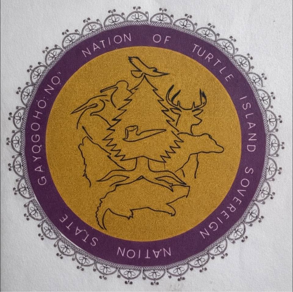 icon of Gayogohono Village, which shows a drawing of the clan animals around a white pine tree on a light brown background